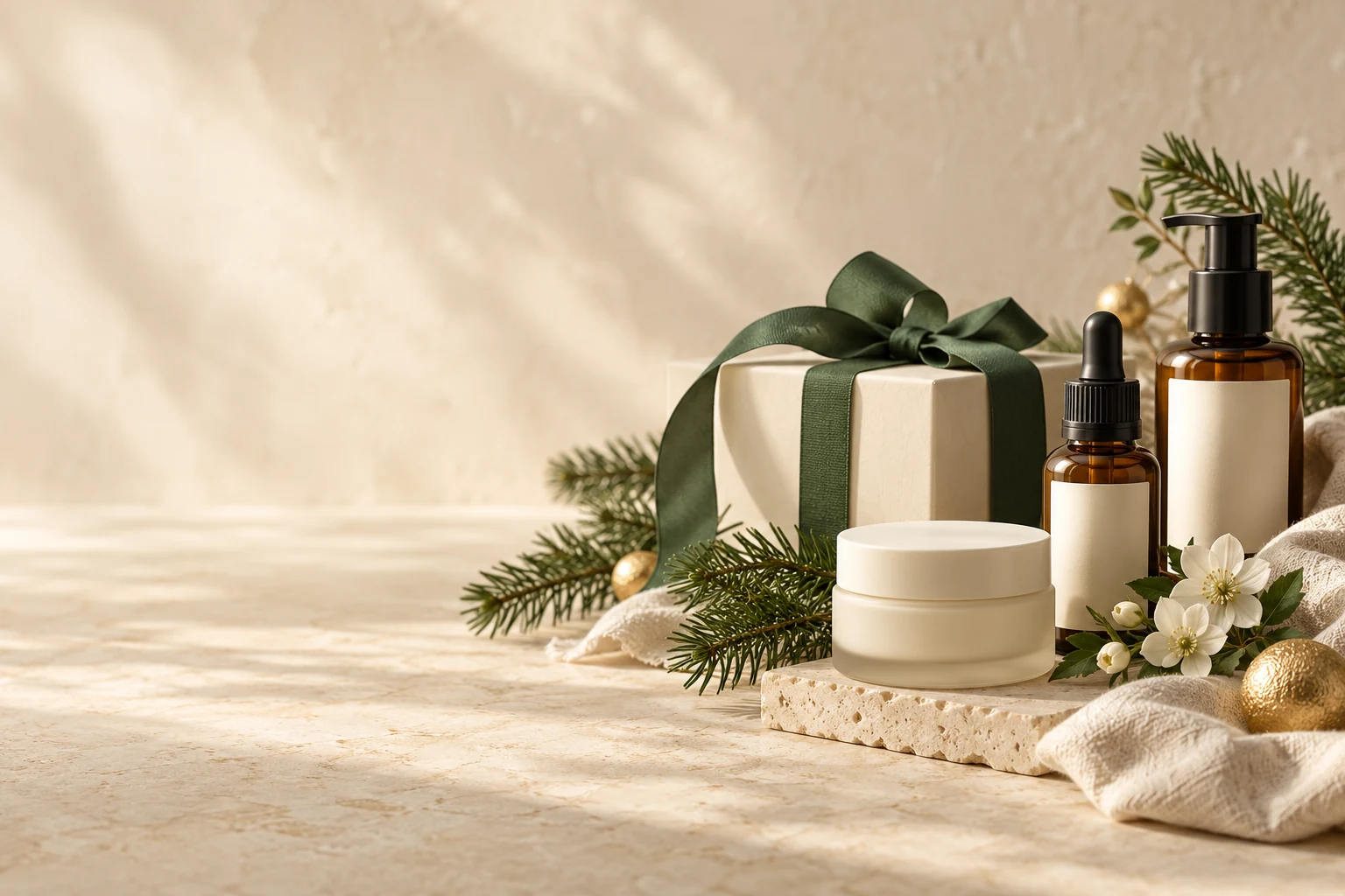 Weihnachtlich arrangierte Pflegeprodukte und ein Geschenk